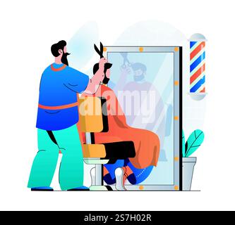 Friseursalon-Konzept in modernem, flachem Design. Friseur schneidet Kundenhaare im Männersalon. Man-Kunde kam zum Stylist, um professionelle Haarpflege und modische Frisur zu erhalten. Vektorabbildung Stock Vektor