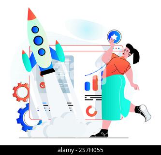 Business-Startup-Konzept in modernem Flat-Design. Frau startet neues Projekt. Geschäftsfrau, die arbeitet, entwickelt Erfolgsstrategie und analysiert Daten. Unternehmensentwicklung und Investitionen. Vektorabbildung Stock Vektor