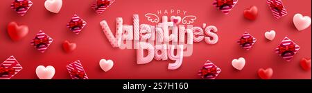 Happy Valentine Day Poster oder Banner mit niedlicher Schriftart, süßen Herzen und Geschenkbox auf rotem Hintergrund. Vorlage für Promotion und Shopping oder Hintergrund für das Konzept „Liebe und Valentinstag“ Stock Vektor