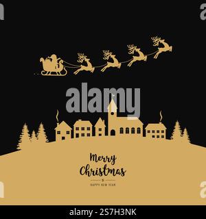 Der goldene weihnachtsschlitten fliegt weihnachten ins Winterdorf Stock Vektor