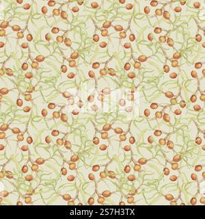 Nahtloses Muster mit Olivenzweigen und Früchten, in Aquarell ausgeführt. Die Verflechtung von Olivenzweigen ist ein reichhaltiges Vintage-Muster. Für Textilien, italienische Küche, Tapeten, Buchverpackungen. Stockfoto