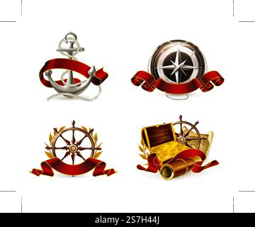 Anker, Landkarte, Kompass, Windrose, Geldkiste, Marinezeichen, Vektoren Stock Vektor
