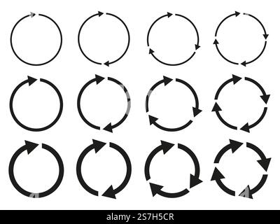 Pfeilzyklus eingestellt. Vektor mit kreisförmigen Pfeilen. Symbol für die Drehung der Schleife. Schwarze Konturformen. Stock Vektor