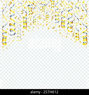 Goldener, silberner Streamer und Konfetti auf transparentem Hintergrund. Dekoration mit Serpentine für Geburtstag, Party, Weihnachten, Neujahr. Fallendes goldenes, lockiges Streamer-Band. Isolierte Vektordarstellung Stock Vektor
