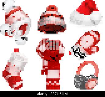 Winterkleidung. Santa Zipfelmütze. Strickmütze. Weihnachtssocke. Schal. Handschuh. Ohrenschützer. 3D Vektor icon Stock Vektor