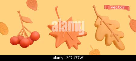 Symbolset für den Herbst. Roter Rwan, orangefarbenes Ahornblatt, gelbes Eichenblatt. 3D-Vektor-Plastizin-Bildobjekte Stock Vektor