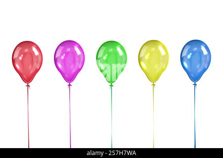 Set aus fünf farbigen transparenten Kugeln, isoliert auf weißem Hintergrund. Rot rosa grüne gelbe und blaue Kugel. Farbige Ballons zum Geburtstag. Vektorabbildung Stock Vektor