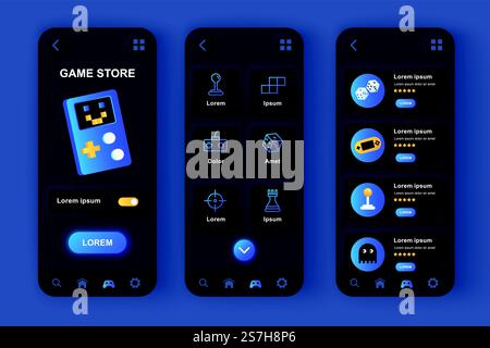 Einzigartiges neomorphes Design-Kit für den Spieleshop. Computervideospiele, Spielzubehör für Smartphones, Gamepads und Konsolen. UI UX-Vorlagen festgelegt. Vektordarstellung der GUI für responsive mobile App. Stock Vektor
