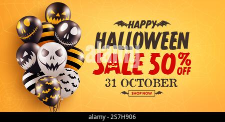 Halloween Sale Promotion Poster oder Banner mit Halloween Geisterballons auf orangefarbenem Hintergrund. Unheimliche Luftballons. Website gruselig, Hintergrund oder Banner Halloween Vorlage. Stock Vektor