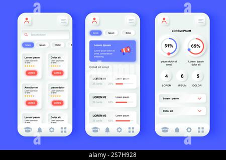 Online-Lernplattform einzigartiges Design-Kit für Neomorphe. Fernunterricht, Online-Bildung, professionelle Seminare und Kurse. UI UX-Vorlagen festgelegt. Vektordarstellung der GUI für responsive mobile App Stock Vektor