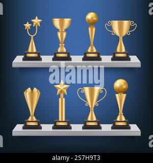 Auszeichnungen Regale. Trophäen Medaillen und Cups auf Bücherregal Vektor realistisches Konzept der Gewinner von Sportwettbewerben. Trophäenbecher für Gewinner, Illustration des Erfolgspreises. Auszeichnungen Regale. Trophäen Medaillen und Cups auf Bücherregal Vektor realistisches Konzept der Gewinner von Sportwettbewerben Stock Vektor