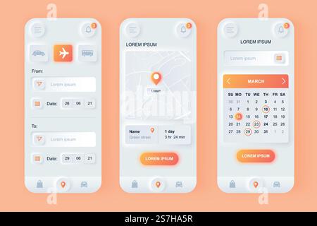 Delivery Service einzigartiges neomorphes Design Kit. Express-Lieferlösung mit Lieferzeit, Kalenderplaner, Route auf Karte. UI UX-Vorlagen festgelegt. Vektordarstellung der GUI für responsive mobile App. Stock Vektor
