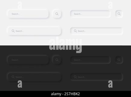 Ästhetische Suchleisten in weißen und schwarzen Variationen UI Neumorphic Design Elements Set Stock Vektor
