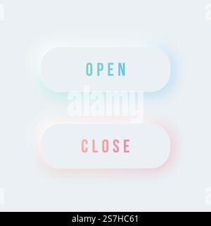 Neumorphismus-Symbole gesetzt. Abgerundete Tasten zum Öffnen und Schließen in trendigem, weichem 3D-Stil mit Schatten. Vektordesign-Elemente für mobile Apps, Web und soziale Medien. Stock Vektor