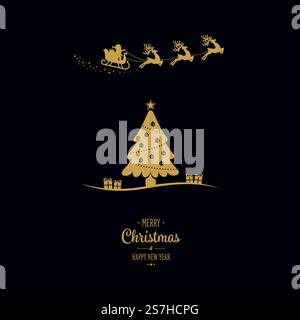 weihnachtsschlitten fliegender goldener weihnachtsbaum-Gruß Stock Vektor