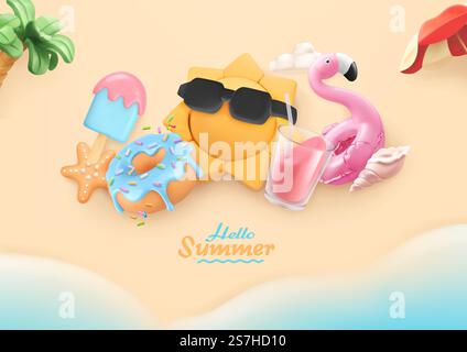 Sommer, Strandurlaub Hintergrund. realistische 3D-Vektordarstellung. Meer, Sonne, Donut, Eis, Cocktail, flamingo-Objekte Stock Vektor
