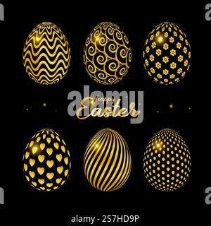 Frohe Ostern-Karte mit goldenen ostereiern. Das Poster mit dem goldenen Text Happy Easter auf schwarzem Hintergrund. Vektorabbildung. Design der Grußkarte. Stock Vektor
