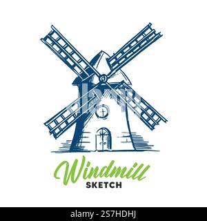 Windmühle mit Handzeichen. Bäckereikonzept. Stock Vektor