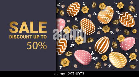 Glückliches osterfeiertag Verkauf Fahne Flyer oder Grußkarte mit dekorativen Eiern horizontalen Vektor Illustration. Glückliche osterfeier Verkauf Banner Flyer oder Grußkarte mit dekorativen Eiern horizontal Stock Vektor