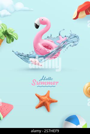 Hallo Sommer-Hintergrund. realistische 3D-Vektordarstellung. Flamingo aufblasbares Spielzeug, Seesterne, Wasserspritzer Stock Vektor
