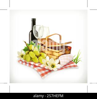 Zeit für ein Picknick, Natur, Erholung im Freien, Tischdecke und Picknickkorb, Weingläser und Weintrauben, Vektorgrafiken, die den Sommer zeigen Stock Vektor
