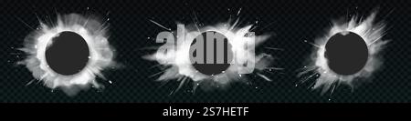 Weiße Pulverexplosionen mit schwarzen runden Bannern. Vektor-realistischer Satz explodierender Wolken aus weißem Staub, Schneerast mit fliegenden Eispartikeln und Schneeflocken isoliert auf transparentem Hintergrund. Weiße Pulverexplosionen mit schwarzen runden Bannern Stock Vektor
