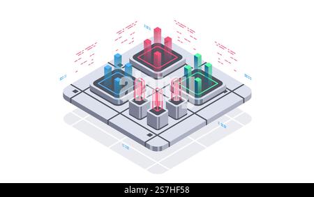Technologie isometrisches Infografik-Design für Quantencomputer, künstliche Intelligenz, Konzept von Big Data. Digitale Informationstechnologien. Stock Vektor