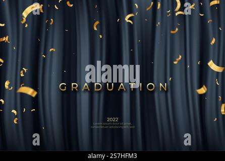 Gratulation Graduate Vorlage mit goldenen Bändern und Konfekt auf schwarzem Vorhang Hintergrund. Szene für die Nominierung. Vektor-Illustrator. Gratulation Graduate Vorlage mit goldenen Bändern auf schwarzem Vorhang Hintergrund. Vektor-Illustrator Stock Vektor