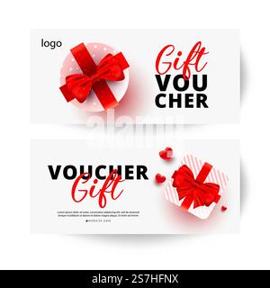 Vorlage oder Hintergrund für Werbegutscheine und Einkaufsgutscheine mit realistischen Weihnachtsgeschenken. Banner für Rabatte für Werbeaktionen. Vorlage oder Hintergrund für Geschenkgutscheine für Werbeaktionen und Einkaufsgutscheine. Designvorlage für Werbung, Web, soziale Medien. Stock Vektor