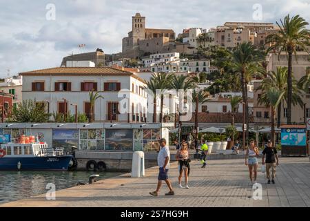 Historische Altstadt von Dalt Vila mit Blick auf die Kathedrale - Catedral de Santa Maria, auf der spanischen Insel Ibiza. Stockfoto