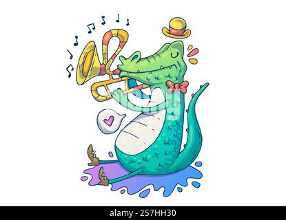 Musikkrokodil. Kreative Cartoon-Illustration. Bild für Printmedien, Werbung, Anwendungen und T-Shirt-Druck. Stock Vektor