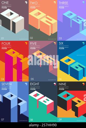 Isometrische farbige Zahlen 3D. Schriftzug Typografie Logoset. Dekorationselemente für Design, Postkarte und Poster. Stock Vektor