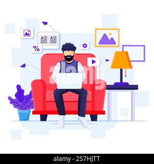 Arbeiten von zu Hause Konzept, Ein Mann arbeitet an Laptop und sitzt auf dem Sofa, zu Hause bleiben, Quarantäne während der Coronavirus Epidemie Illustration Stock Vektor