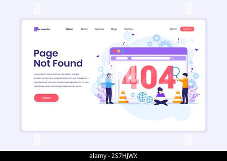 Design der Landing-Page Konzept der 404-Fehlerseite nicht gefunden mit Personen, die versuchen, den Fehler auf einer Web-Screen-Seite zu beheben. Abbildung eines flachen Vektors Stock Vektor