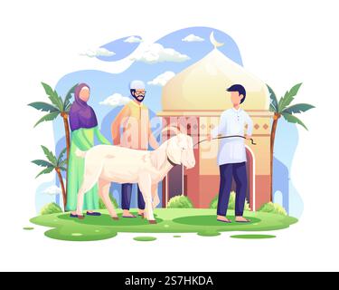 Die Leute bringen eine Ziege nach qurban oder Opfer in Eid Al Adha Mubarak. Abbildung eines flachen Vektors Stock Vektor
