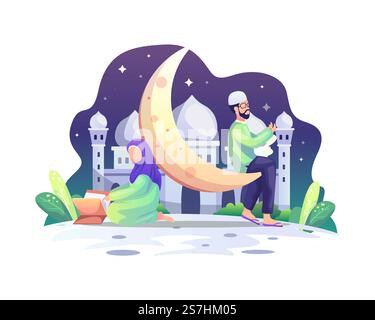 Muslimisches Paar, das den Koran liest und betet während des Ramadan Kareem heiligen Monats Vektordarstellung Stock Vektor