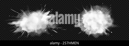 Weiße Pulverexplosion, Schneerast mit fliegenden Eispartikeln und Schneeflocken. Vektorrealistischer Satz explodierender Wolken aus weißem Staub isoliert auf transparentem Hintergrund. Vektorrealistische Explosion von weißem Pulver oder Schnee Stock Vektor