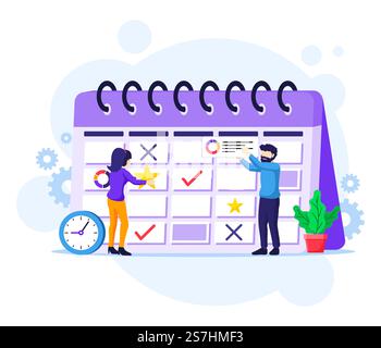 Geschäftsplanungskonzept, Leute, die den Zeitplan auf einem riesigen Kalender ausfüllen, Vektordarstellung in Bearbeitung Stock Vektor