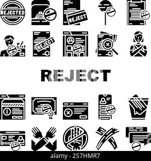 Ablehnen Dokument ablehnen Abbrechen Symbole Vektor festlegen. Geschäftsstempel, Mann negativ, x Hand, falsches Löschen, cros, Ablehnen, Genehmigen Versiegelung Ablehnen von Dokument Abbrechen von Glyph-Piktogrammen. Ablehnen Dokument ablehnen Abbrechen Symbole Vektor festlegen Stock Vektor