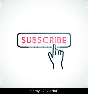 Symbol für Schaltfläche „Abonnieren“. Klicken Sie mit dem Handcursor auf die rote Schaltfläche „Abonnieren“. Darstellung des Rohteilvektors. Stock Vektor