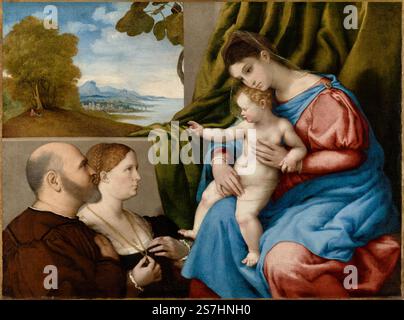 Gemälde von Madonna und Kind mit zwei Spendern des Künstlers Lorenzo Lotto italienisch venezianisch, ca. 1525–1530 Öl auf Leinwand Kunstwerk Stockfoto