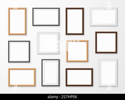 Realistische Bilderrahmen. Bilderrahmen in verschiedenen Farben, hängende leere Bilder auf Galeriewand der modernen Innenbeleuchtung Rahmen Vorlagen Vektor-Set. Realistische Bilderrahmen. Bilderrahmen in verschiedenen Farben, hängende leere Bilder an der Galeriewand der modernen Innenschablonen Vektor-Set Stock Vektor