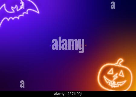 Halloween dunkler Hintergrund. Böse Fledermaus und Kürbis im Neonstil. Nachtschild. Darstellung des Rohteilvektors. Stock Vektor