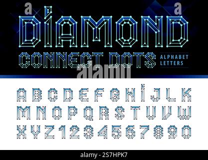 Diamond Line Connect Dots Alphabet Buchstaben und Zahlen, Network Connecting dot Polygon Letter, Technology Structure oder Molecular Connect Elements, Futuristic Letters Set Stock Vektor