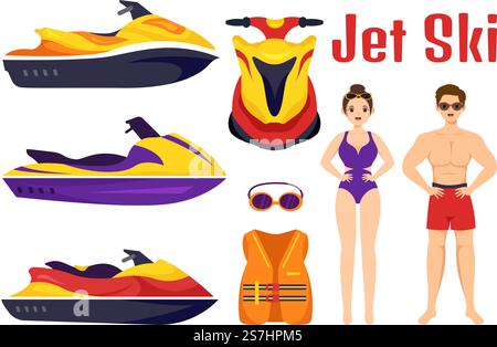 Leute fahren Jet Ski Vector Illustration Sommerferien Erholung, Extreme Wassersport und Resort Beach Aktivität in Hand Drawn Flat Cartoon Template Stock Vektor