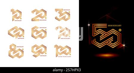 Set mit 10 bis 100 Jubiläum-Logo, Years Celebrate Anniversary Logo, Hexagon Infinity Logo, abstrakte goldene Linie Hexagon Logo für Gratulation Feier Event, Einladung, Gruß. Stock Vektor