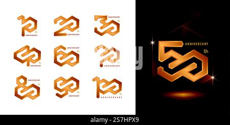 Set mit 10 bis 100 Jubiläum-Logo, Years Celebrate Anniversary Logo, Hexagon Infinity Logo, abstraktes goldenes Hexagon Logo für Gratulation Feier Event, Einladung, Gruß. Stock Vektor