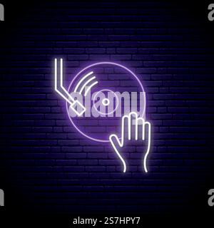 Neon-Vinyl-Schild. DJ Hand-on-Vinyl-Soundmixer. DJ-Musiklogo im Neon-Stil. Vektordarstellung. Stock Vektor