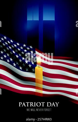 Vertikales Banner für den Patriot-Tag. Wir werden es nie vergessen. Brennende Kerze vor dem Hintergrund der schwenkenden amerikanischen Flagge und der Twin Towers, New York. Abbildung des Materialvektors. Stock Vektor