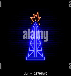 Öl Derrick Neonschild. Helles Symbol für eine Ölplattform auf dunklem Backsteinhintergrund. Stock-Vektordarstellung im Neonstil. Stock Vektor